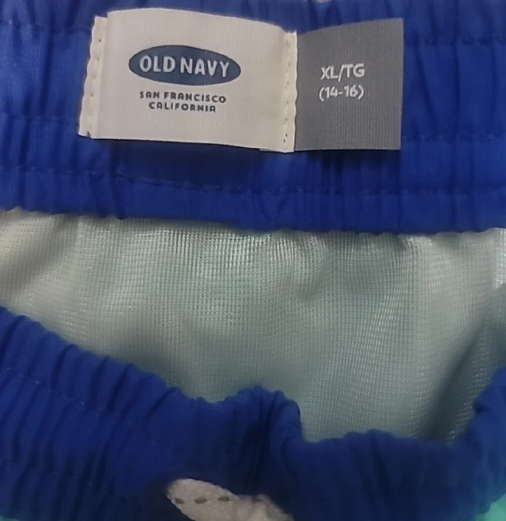 Old Navy Aqua Swim Trunks with Blue Waistband and White Drawstring